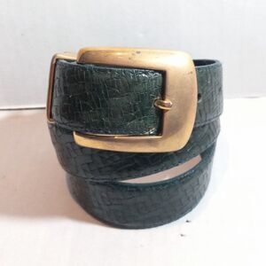 Vintage Doncaster Green Leather Belt-Medium-Croc Embossed-Brass Buckle & Loop